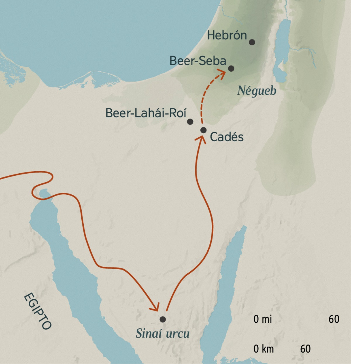 Cai mapa nishca dibujopica israelitacuna Egipto llactamanda llujshishca jipa Sinaí urcuta yalishpa, ashtacata purishpa Cadés llactaman chayashcatami ricuchin. Shinallata Cadés llactamanda Jehová carasha nishca alpacunapi tiashca Beer-Seba y Hebrón llactacunaman chayangapaj na caru cashcatami ricuchin.