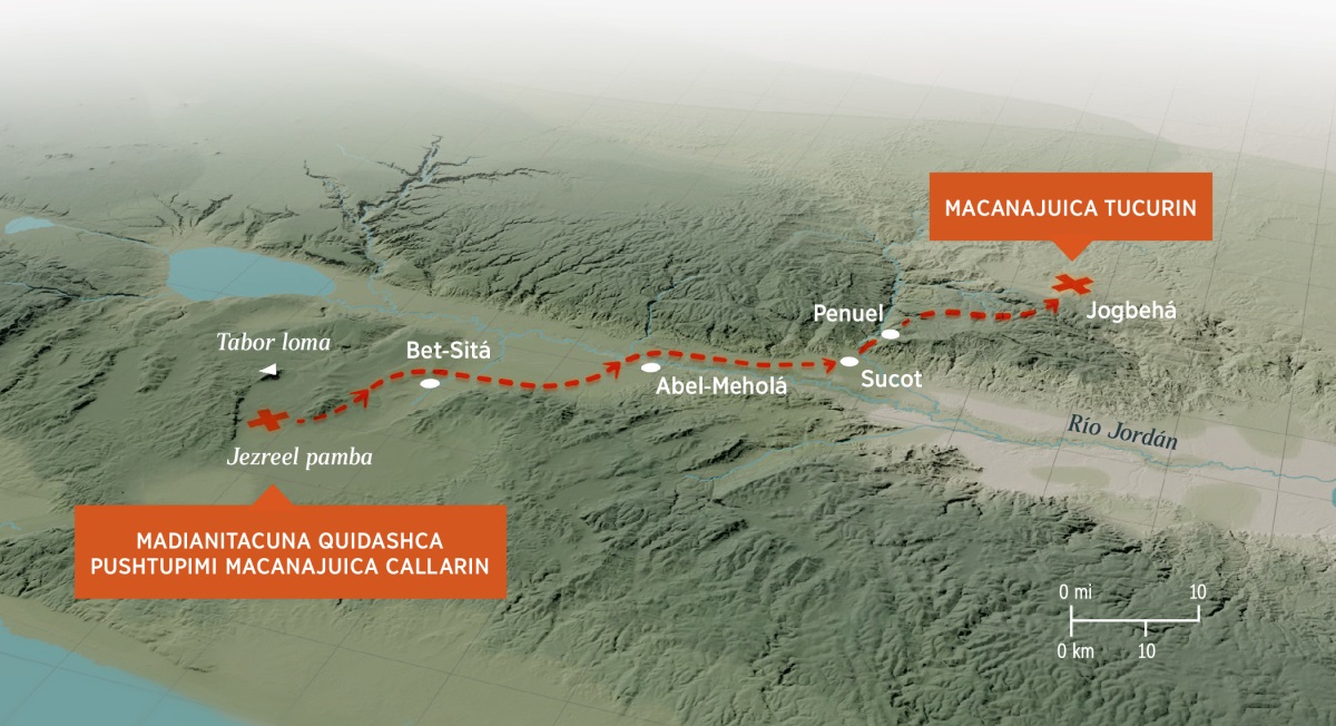 Cai mapa nishca dibujopica urcucuna tiajtami ricuchin. Shinallata Gedeón y paipa soldadocuna Jezreel pambamanda Jogbehá pushtucaman madianitacunata catiriashpa mashnata rishcatami ricuchin.