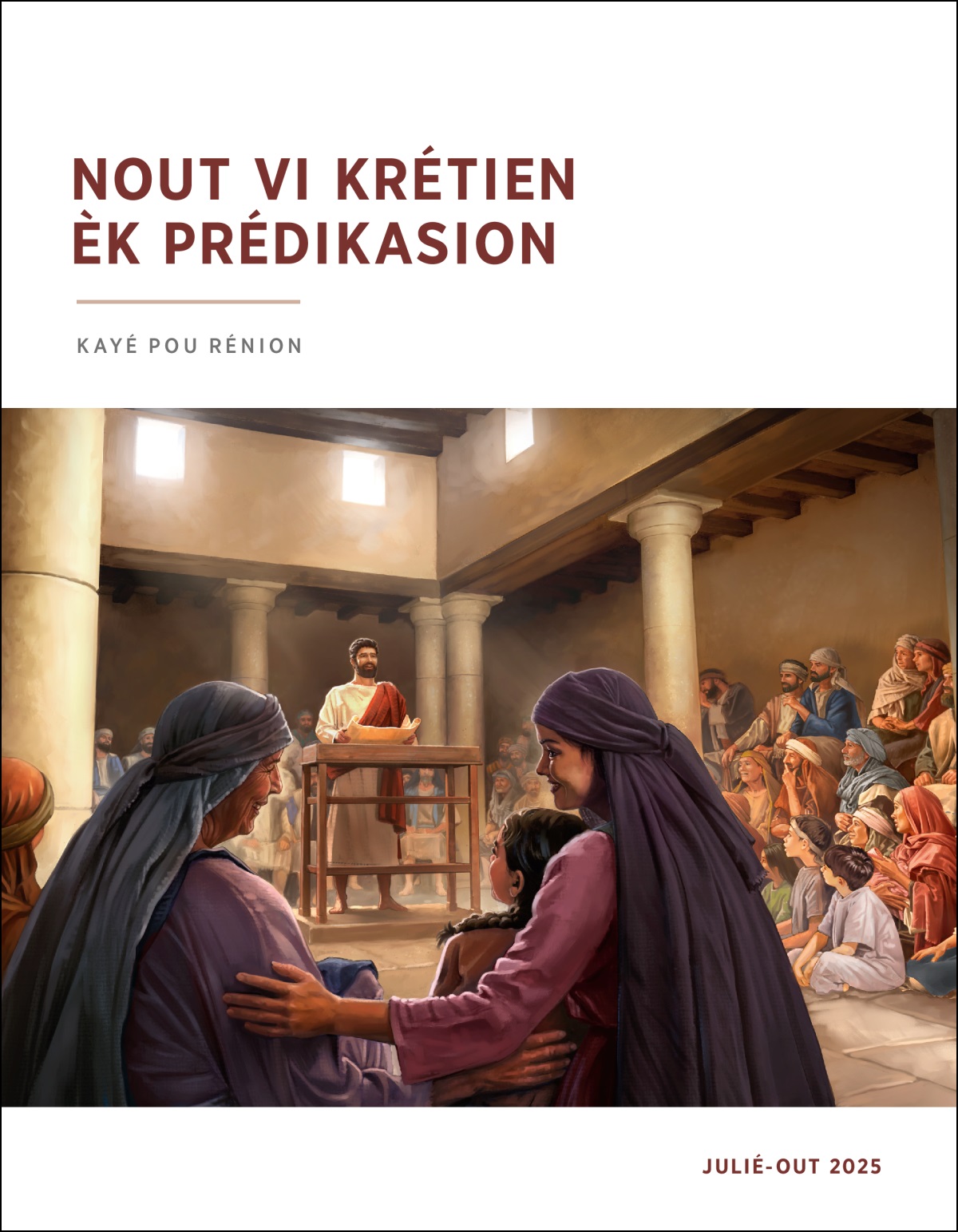 Dan in sinagog, Jézu néna in roulo rouvèr dan son min é li koz dovan in bonpé domoun, néna bann mésié, bann madam é bann marmay, zot tout i ékout ali bien mèm.