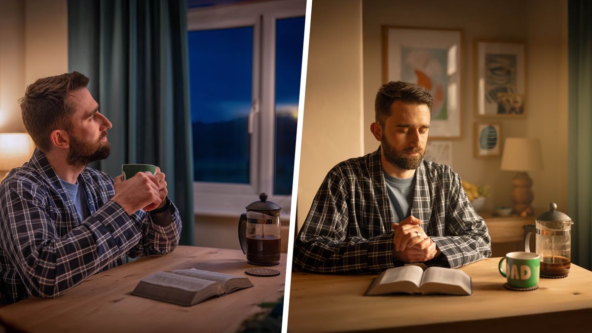 Ensemble d’illustrations : 1) Avant le lever du soleil, un frère médite, assis à son bureau, une tasse de café dans les mains. Devant lui, il y a une bible ouverte. 2) Après le lever du soleil, il est toujours assis à son bureau et prie longuement.