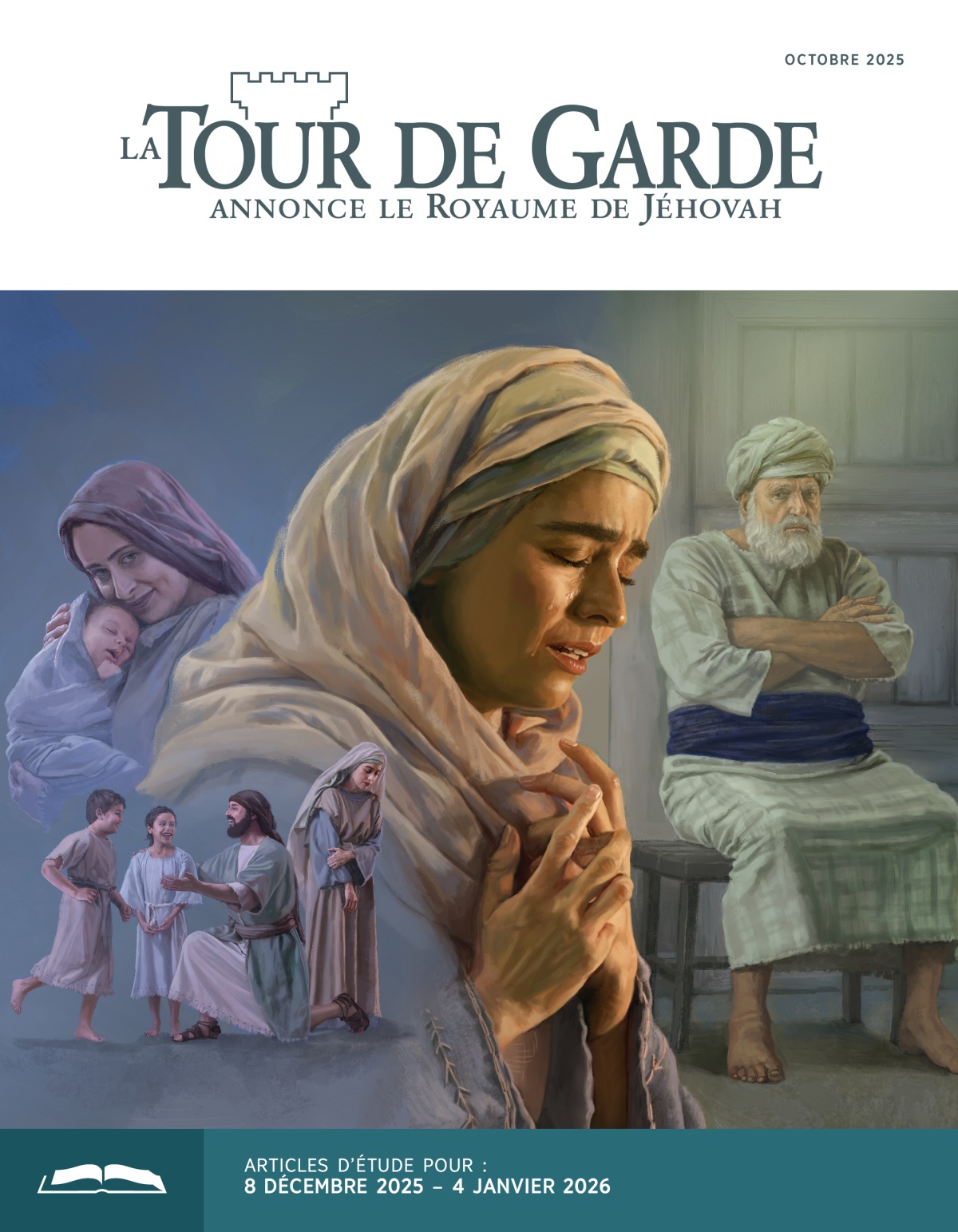 Ensemble d’illustrations : 1) Affligée, Anne détourne le regard pour ne pas voir Elkana jouer avec deux de ses enfants. 2) Penina sourit en berçant son nouveau-né. 3) Anne prie avec ferveur tout en pleurant. 4) Le grand prêtre Héli est assis, les bras croisés, et regarde Anne avec un air de reproche.
