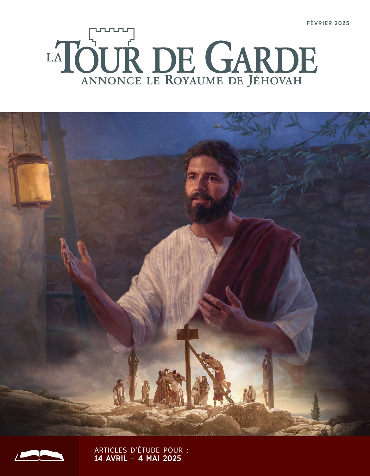 Ensemble d’illustrations : 1) Jésus parle tandis qu’il fait nuit. 2) Le corps sans vie de Jésus est enlevé du poteau de supplice par des soldats romains.