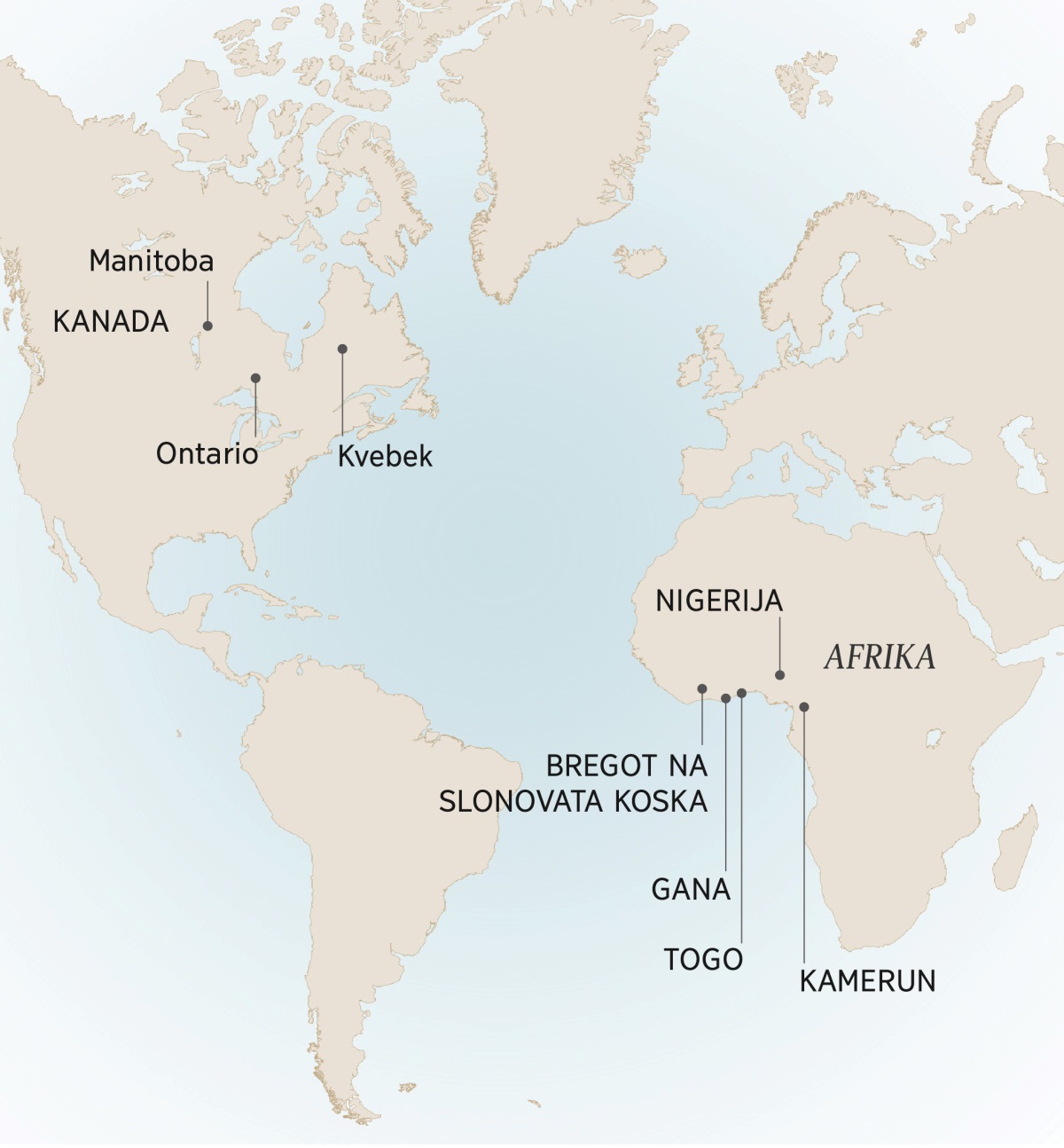 Karta ki koja soj sikavde nesave thana kote so o Andre živingja hem služingja: Manitoba, Ontario hem Kvebek (Kanada); Kamerun, Bregot na Slonovata Koska, Gana, Nigerija hem Togo (Afrika).