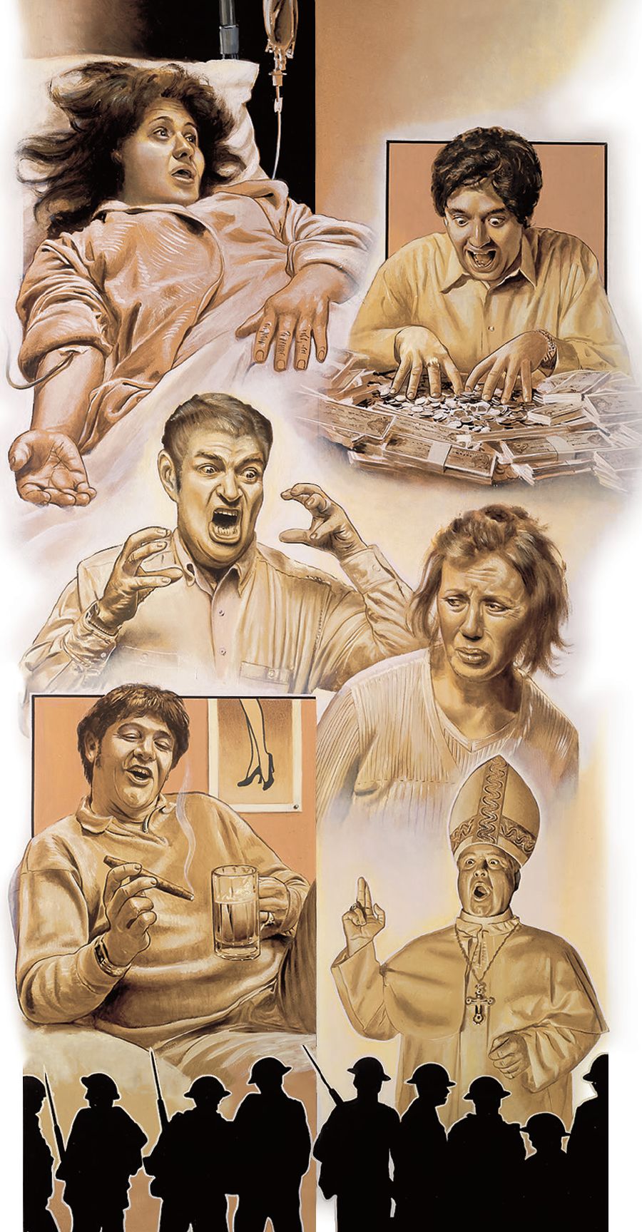 O slike ando palune dive: phare nabormipa, o manuša mothovena mangipe premalo pare hem premalo peklje želje, i familjija kuri isi problemija, o vojnikija ko maribe