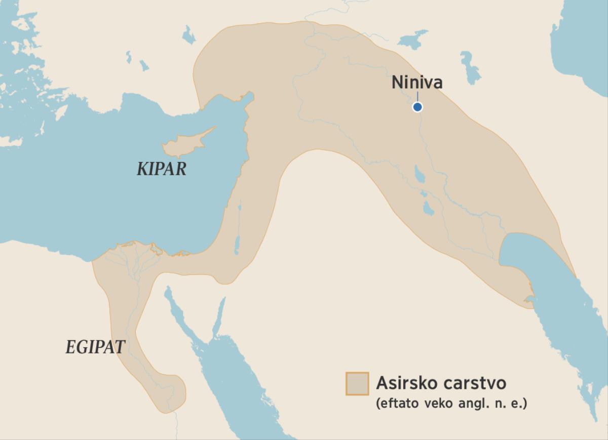 I mapa mothovi o granice ando asirsko carstvo ko eftato veko angl. n. e. Ki mapa tane mothovde o Egipat, o Kipar hem i Niniva.