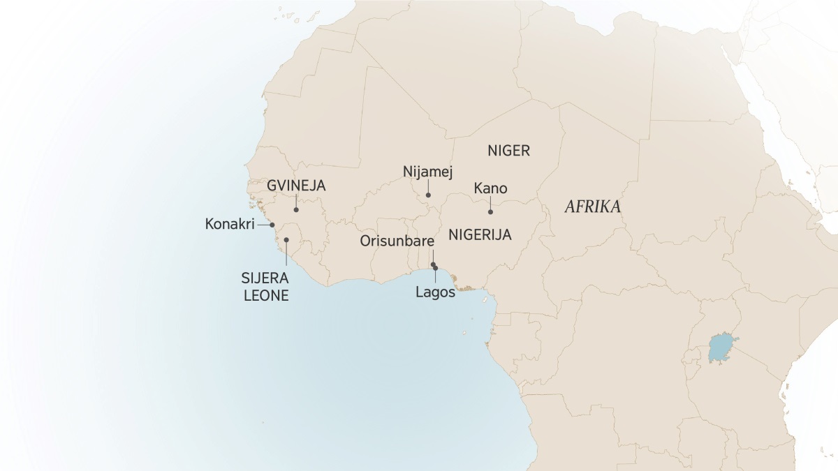 I mapa andi Istočno Afrika mothovi disave thana kuri živinđa hem služinđa o phral Izrael Itajobi: Konakri, Gvineja, Sijera Leone, Nijamej, Niger, Kano, Orisunbare, Lagos, Nigerija.