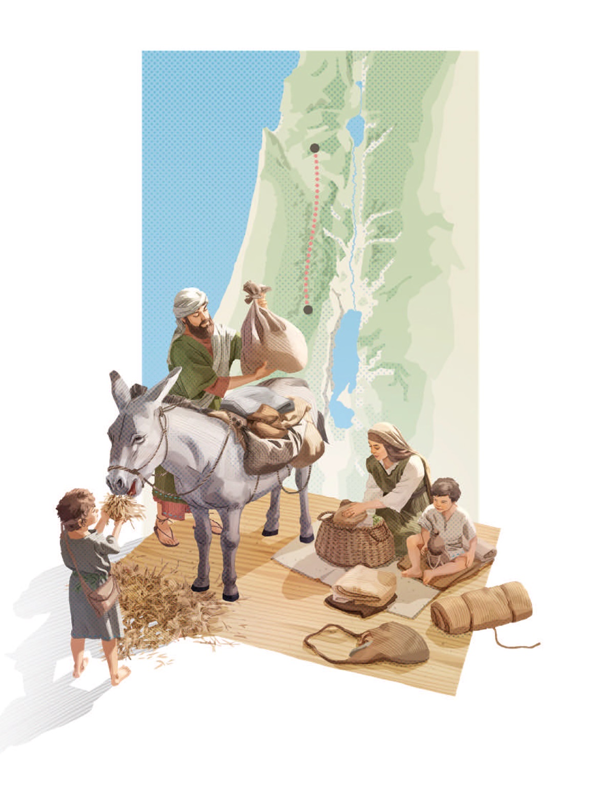 Imágenes de José, María, Jesús y uno de sus hermanos preparándose para viajar: 1. José colocando unos costales en un burro y María preparando comida para el viaje. 2. Un mapa que muestra la ruta entre Nazaret y Jerusalén.