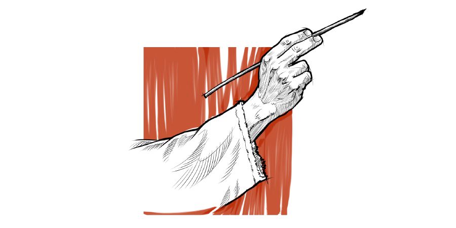 Bărbatul cu călimara de secretar ținând un condei