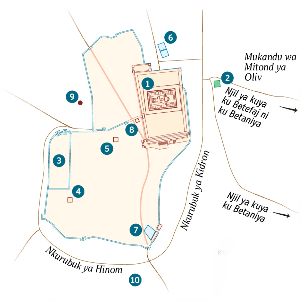 Kart wa Yerusalem ni jindond ja piswimp. Jindond jijikena ni jakad kwijikan ajilejen. 1. Tempel. 2. Chir cha Getiseman. 3. Chipang cha Guverner. 4. Chikumbu ka Kayifas. 5. Chikumbu cha want chashakamay Herod Antipas. 6. Dijiy da Betizata. 7. Dijiy da Silowe. 8. Chot cha In Sanedrin. 9. Golgota. 10. Akelidama.