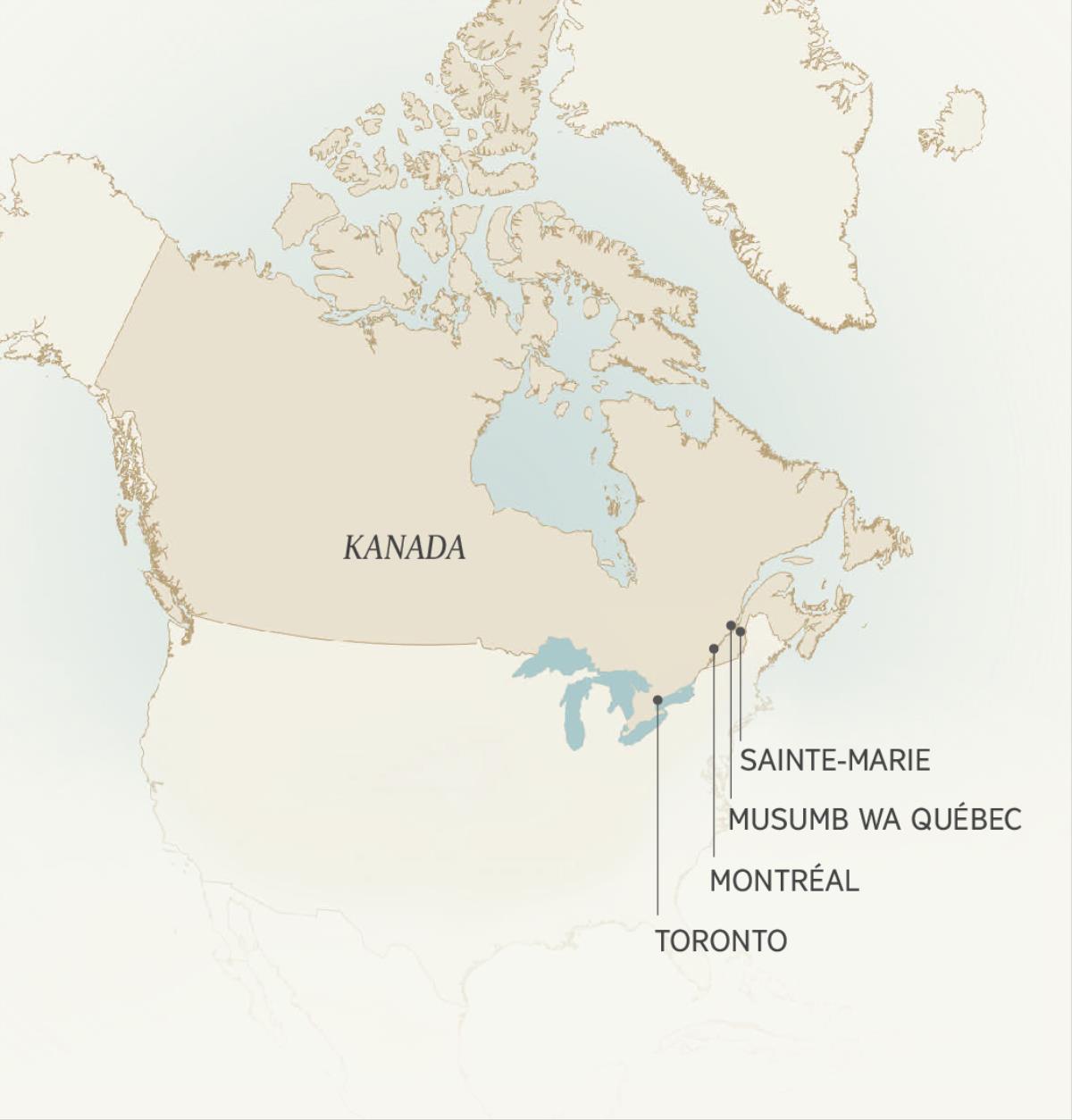 Kart ulejena misumb ya mu Kanada mwasadinay Léonce Crépeault: Sainte-Marie, Musumb wa Québec, Montréal, ni Toronto.