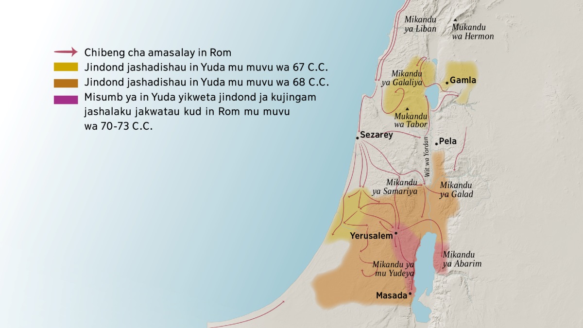 Kart ulejena mikandu ni misumb yimwing ya mu Isarel mu mivu chitot ya kusambish. Mikandu ya Kwiyand kwa Yerusalem: Liban, Galaliya, Samariya, Galad, Hermon ni Tabor. Misumb ya Kwiyand kwa Yerusalem: Gamla, Sezarey, ni Pela. Kurul kwa Yerusalem kwading mikandu ya Yudeya , ya Abarim, kwading kand musumb wa Masada. Kart ulejen kand jinjil ja tubeng twa in Rom ni jindond jashadishau in Yuda mu muvu wa 67 C.C. kushik mu muvu wa 73 C.C.