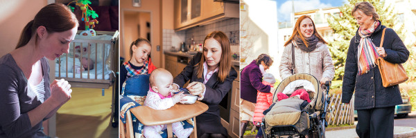 Христианка: 1) молится у кроватки, где спит ее ребенок; 2) кормит ребенка; 3) везет ребенка на коляске
