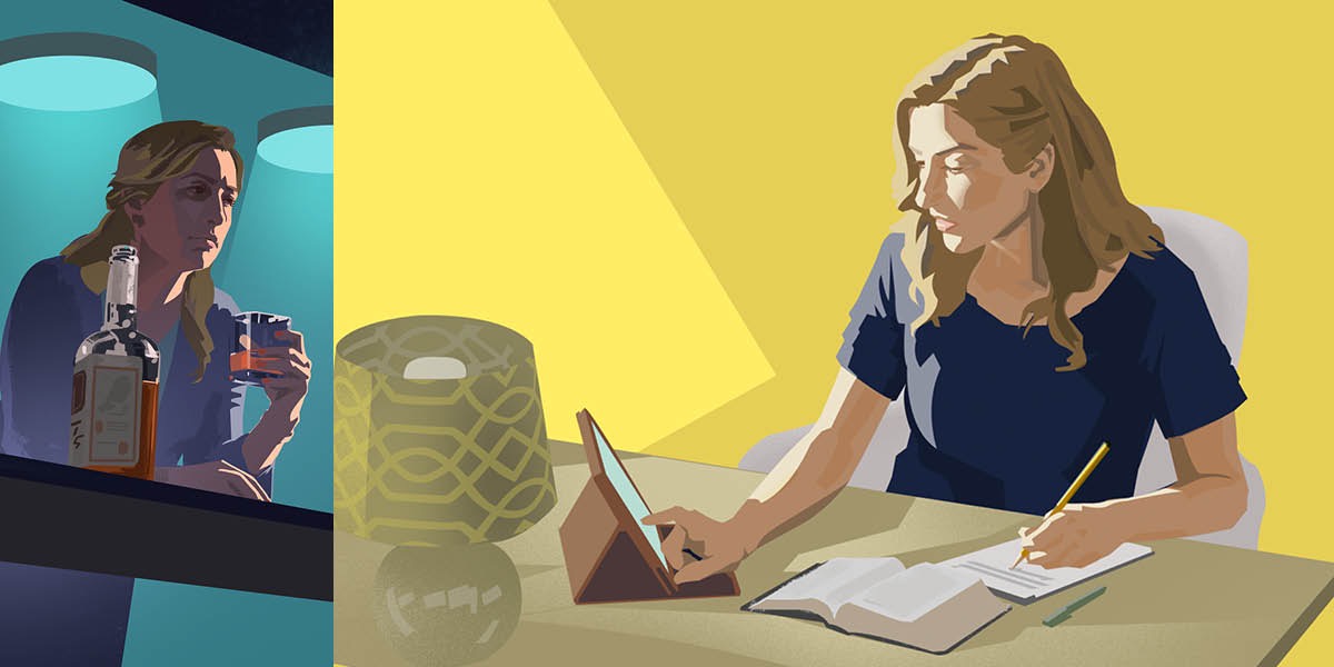 Женщина злоупотребляет алкоголем; женщина ищет советы в Библии