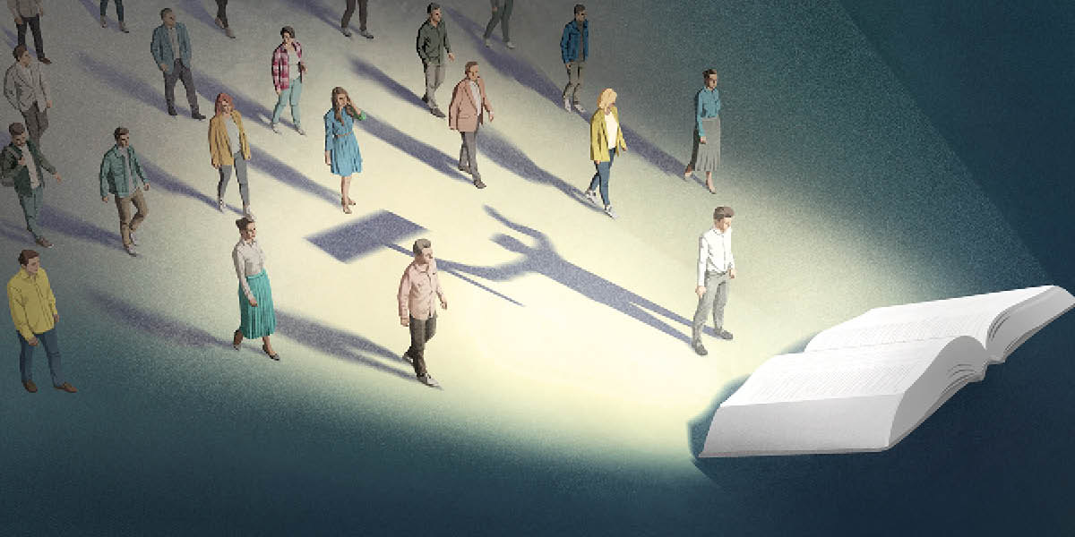 Люди подходят к огромной раскрытой Библии; их озаряет свет, исходящий от неё. От людей падают тени — на них изображено, как они в прошлом проявляли ненависть.