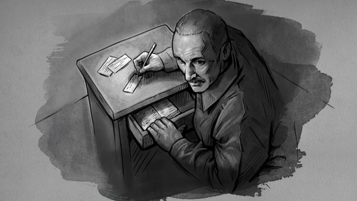 Виргилиюс сидит в тюремной камере и переписывает на клочок бумаги библейский стих. Он оглядывается назад через плечо, а в приоткрытом ящике тумбочки лежит Библия.