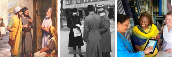 1. Ученики Иисуса проповедуют в первом веке. 2. Современные последователи Иисуса проповедуют в общественных местах. 3. Современные ученики Христа показывают женщине сайт jw.org