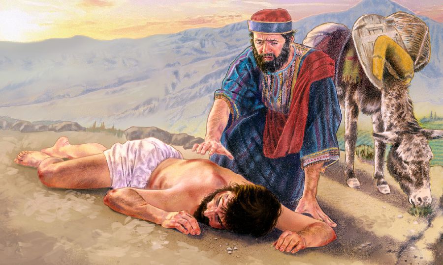 Добрый самаритянин подходит к израненному иудею