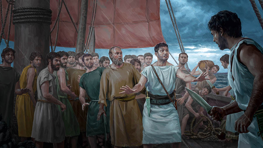 Павел и другие заключенные стоят на палубе корабля. Римский сотник защищает их от другого воина, который держит в руке меч.