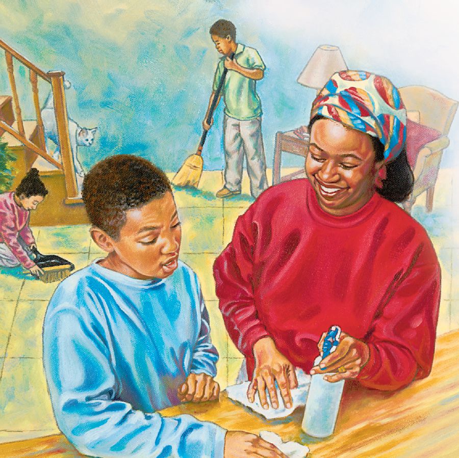 Children help their mother clean the house