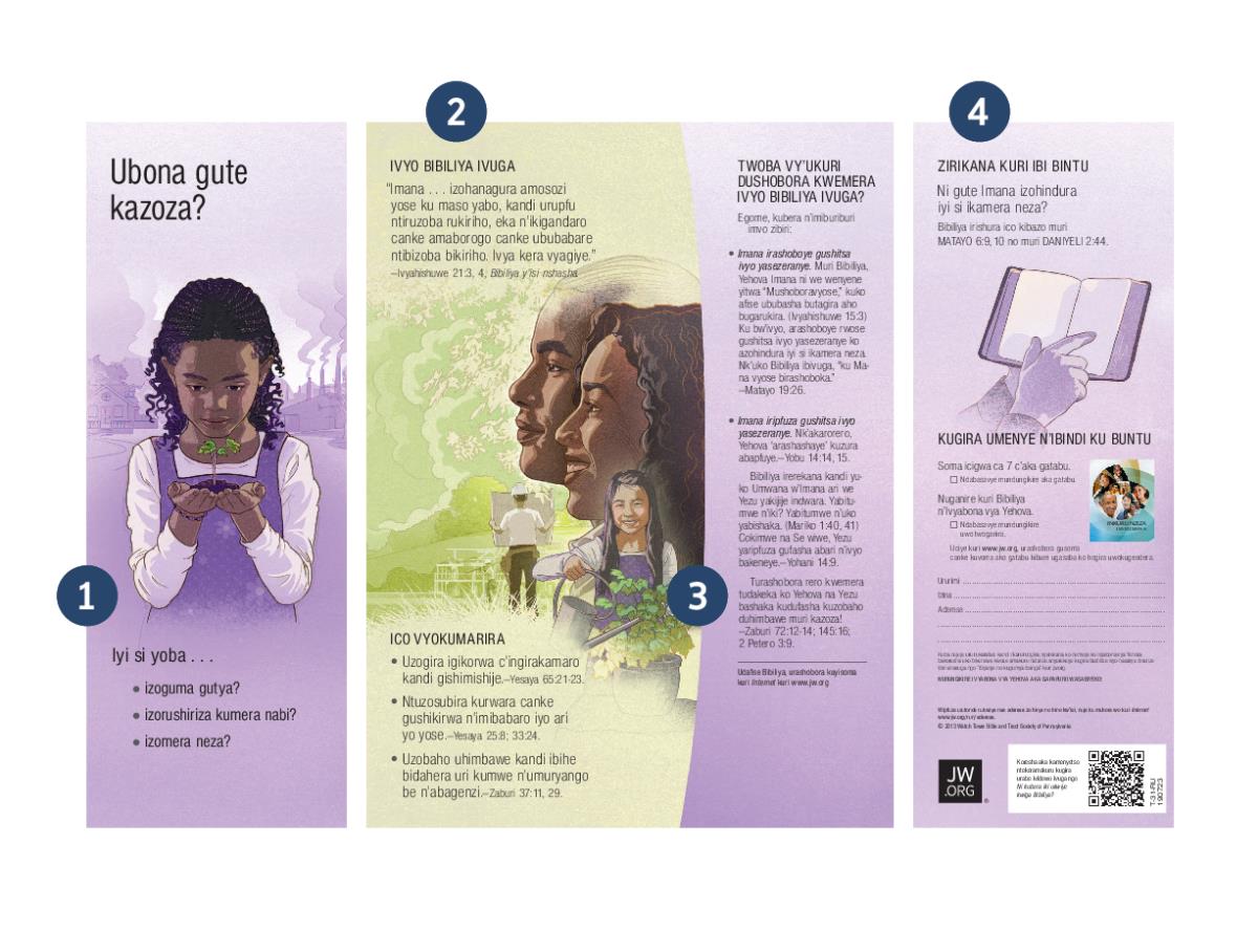 Agapapuro k’inkuru nziza kavuga ngo ‘Ubona gute kazoza?’ kariko ibitigiri kuva kuri rimwe gushika kuri kane vyerekana imice ikagize.