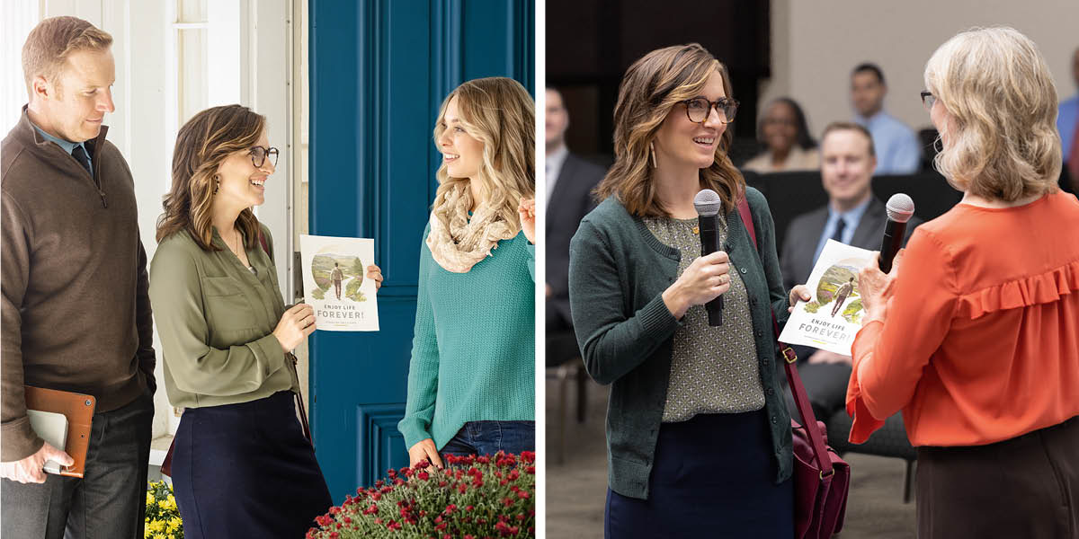 Udufoto: 1. Mushiki wacu n’umugabo wiwe bariko barakoresha agatabu “Urashobora kwiberaho ibihe bidahera” mu kubwira inkuru nziza umugore umwe basanze ku muhana. 2. Wa mushiki wacu ariko arashikiriza ikiganiro mw’ikoraniro ry’Ubuzima bwacu n’igikorwa cacu akoresheje ka gatabu “Urashobora kwiberaho ibihe bidahera.”