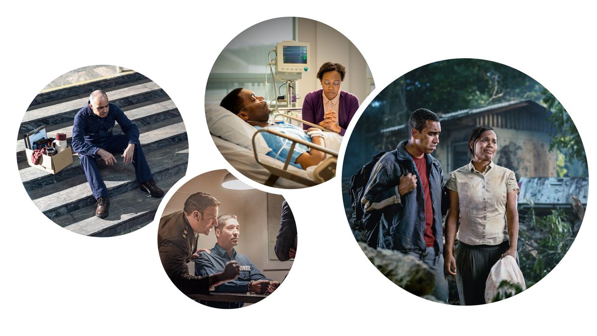 Udufoto: Abavukanyi n’abadada bari mu ngorane. 1. Umuvukanyi acitse intege yicaye ku ngazi ahejeje gutakaza akazi. 2. Umuvukanyi apfunzwe ariko arasambishwa n’umutegetsi. 3. Umudada ari ku bitaro ariko arasenga mu gacerere iruhande y’igitanda umugabo wiwe arwariyeko. 4. Umugabo n’umugore batuntuye inyuma y’icago c’icaduka.