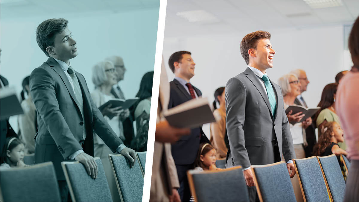 Amafoto: Uburyo butandukanye bwo kuvyifatamwo mu gihe c’ikoraniro. 1. Ifoto ya mbere yerekana umuvukanyi akiri muto yaretse kuririmba mw’ikoraniro. 2. Wa muvukanyi akiri muto ariko araririmba n’igishika.