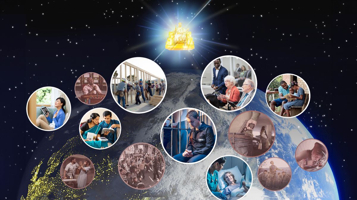 Yezu yicaye ku ntebe y’ubwami mw’ijuru, ariko arihweza imigwi ibiri y’abantu. Amafoto: Abavukanyi na bashiki bacu bariko barasenga Yehova. 1. Mushiki wacu afise tablete arangamije mw’ijuru. 2. Abubakanye bariko barasoma Bibiliya. 3. Abavukanyi na bashiki bacu bariko barakorera kw’ishantiye y’ubwubatsi. 4. Umuvukanyi apfunzwe ariko arasenga. 5. Mushiki wacu yitereye mu myaka ariko aratanga insasanuro kw’ikoraniro. 6. Mushiki wacu ari mu bitaro ahaye agapapuro k’inkuru nziza umuganga. 7. Sebibondo n’umuryango wiwe bariko barigira hamwe Bibiliya. Amafoto: Abagabo n’abagore bariko barakora ibitandukanye n’ivyo Bibiliya ivuga. 1. Umugabo ariko arasenga ngo atsinde imbere y’uko akina akamari. 2. Umugabo ariko akubita umugore wiwe. 3. Abantu bashavuye bari mu migumuko. 4. Umugabo afise inkoho ariko akurikira umugore aho baparika imiduga. 5. Umukuru w’idini ariko arasengera abasoda. 6. Umugore ariko aranywa ibiyayuramutwe.