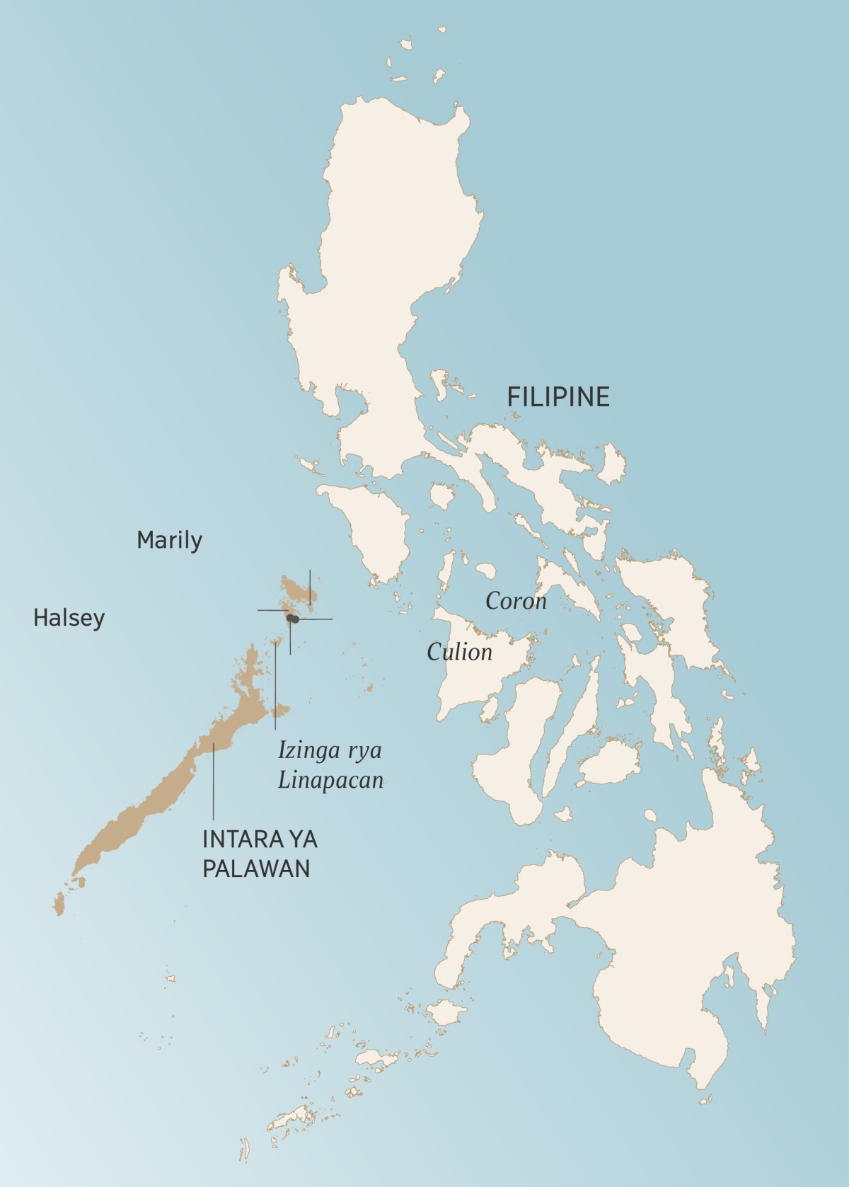 Ikarata yerekana intara ya Palawan yo muri Filipine, ikaba yerekana n’uturere Angelito n’umuryango wiwe bakoreyemwo, ari two Coron, Culion, Halsey, Marily, n’izinga rya Linapacan.