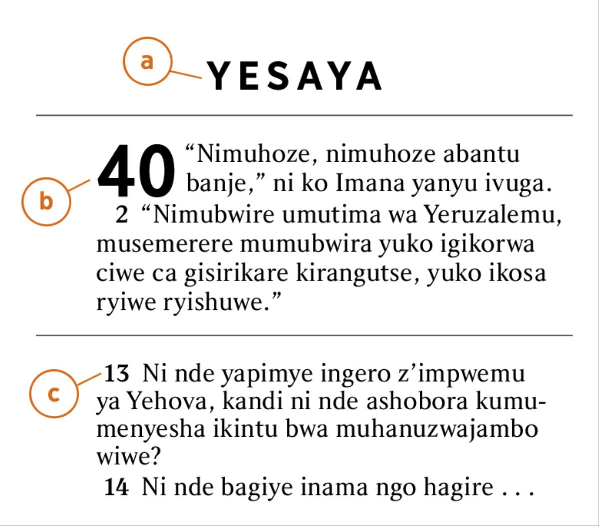 Imirongo yo muri Bibiliya yerekanywe kugira ngo bigufashe kumenya a) igitabu, b) ikigabane, be c) n’umurongo