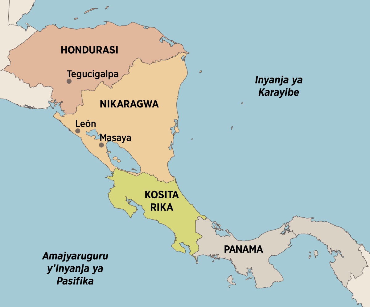 Ikarita ya Amerika yo Hagati igaragaza aho mushiki wacu Elfriede yabaye n’aho yabwirije: Tegucigalpa, Hondurasi; León na Masaya, Nikaragwa; Kosita Rika na Panama.