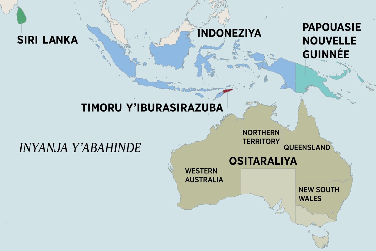 Ikarita ya Ositaraliya n’ibihugu bihakikije, harimo Siri Lanka, Indoneziya, Papouasie-Nouvelle-Guinée na Timoru y’Iburasirazuba. Ikarita ya Ositaraliya igaragaza ibice bya Northern Territory, intara ya Western Australia, Queensland na New South Wales.