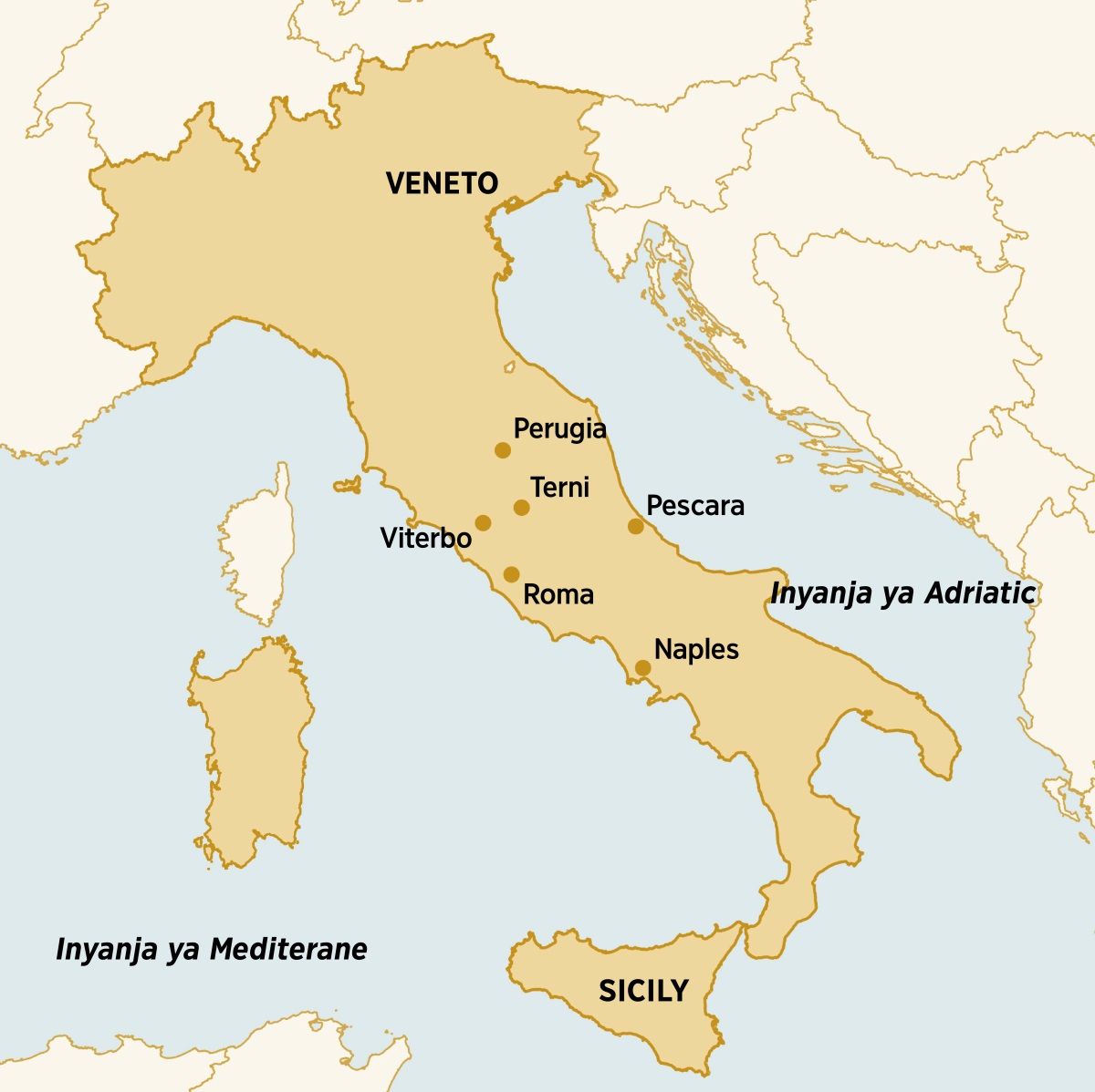 Ikarita igaragaza uduce two mu Butaliyani aho Dorina Caparelli yabaye, yabwirije n’aho yagiye mu makoraniro: Veneto, Perugia, Terni, Pescara, Sicily, Naples, Rome, Viterbo.