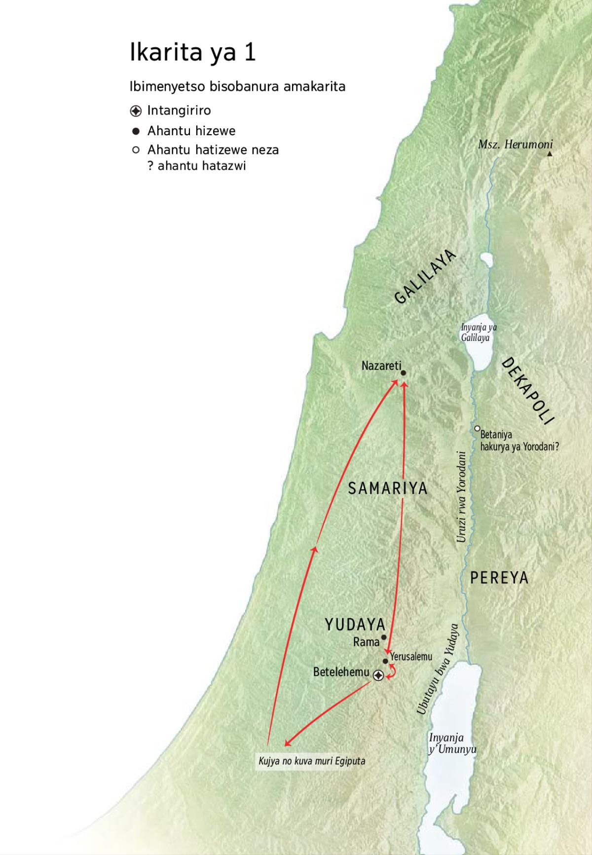 Ikarita igaragaza aho Yesu yabaye: Betelehemu, Nazareti, Yerusalemu
