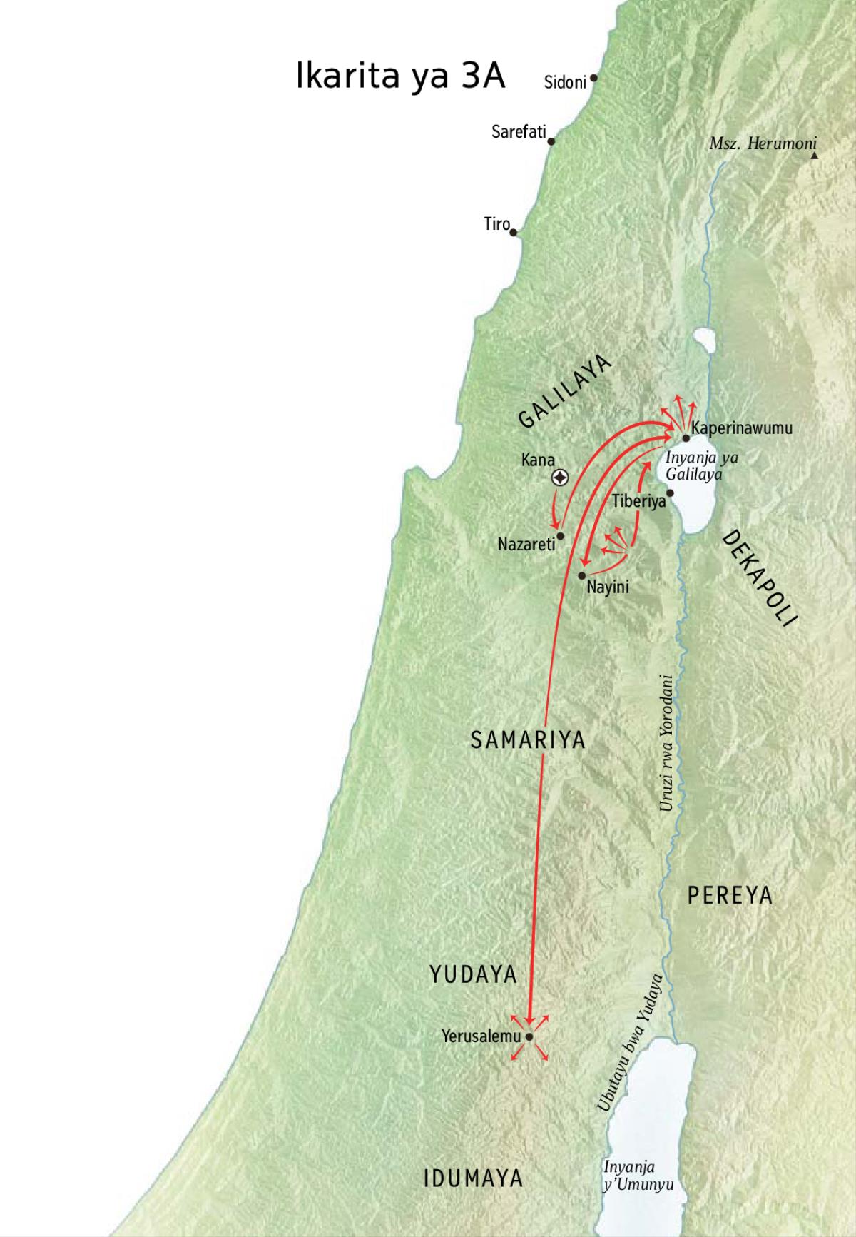 Ikarita igaragaza umurimo Yesu yakoreye muri Galilaya, Kaperinawumu n’i Kana