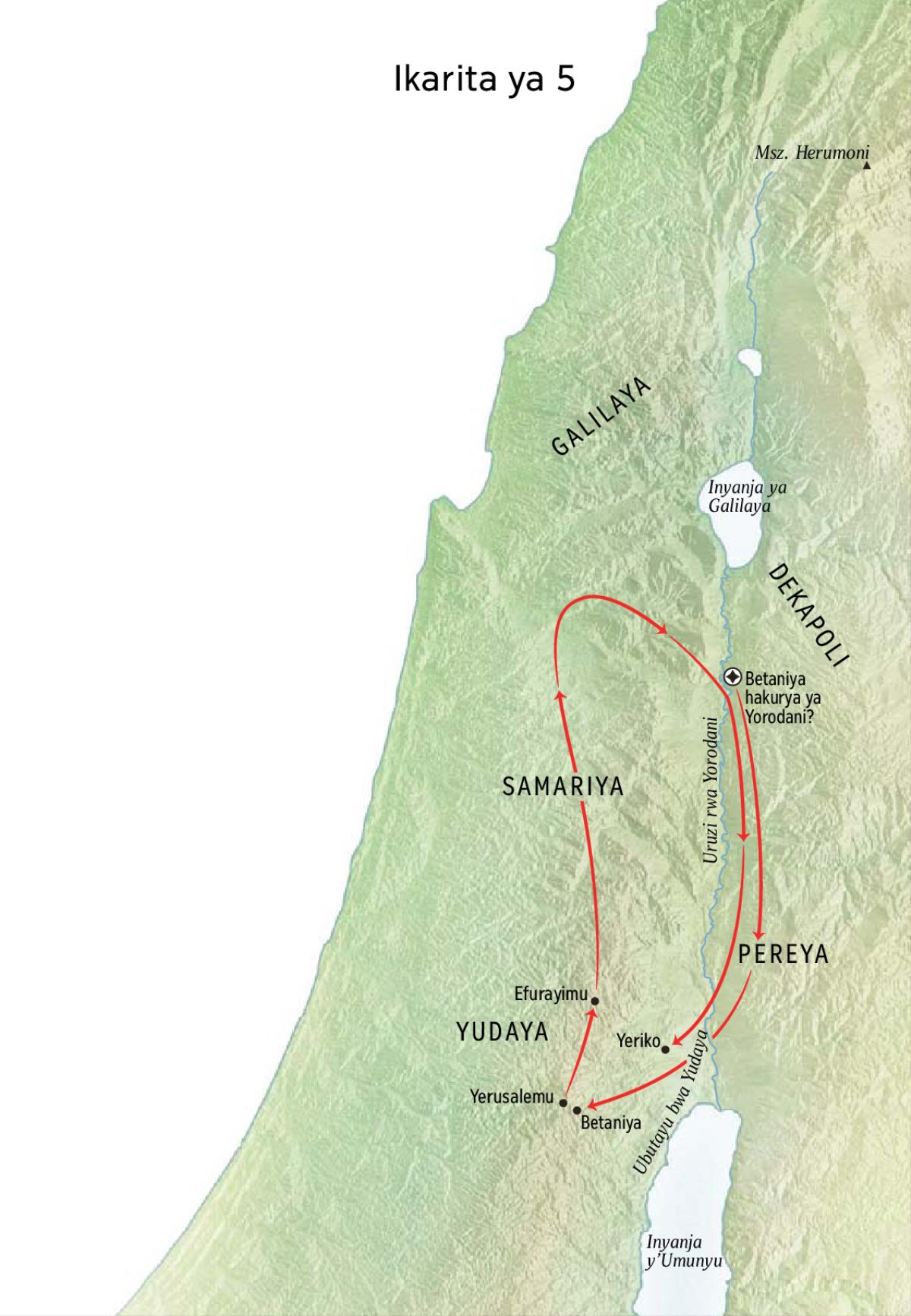 Ikarita igaragaza aho Yesu yakoreye umurimo hakubiyemo Betaniya, Yeriko na Pereya