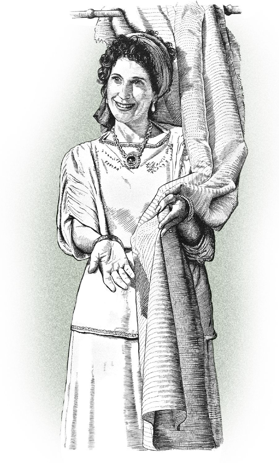 Лидия держит в руках кусок ткани.