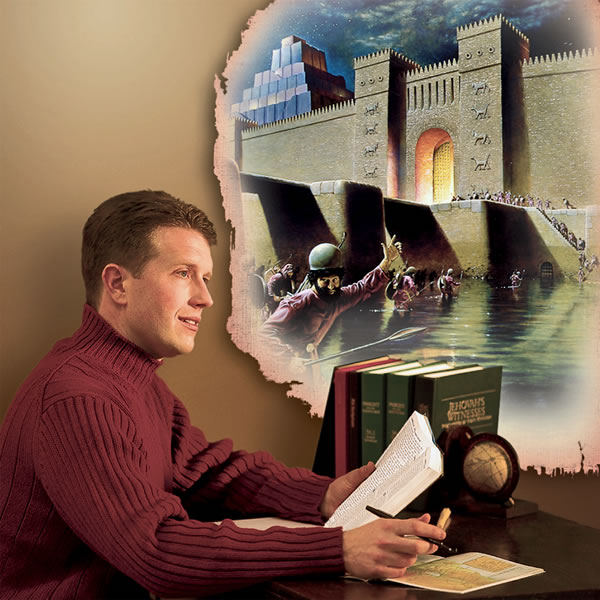 While reading the Bible, a man imagines the scene from Isaiah’s prophecy about the fall of Babylon