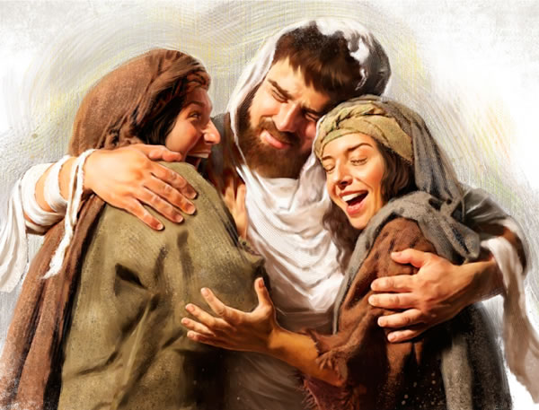 The resurrected Lazarus is welcomed back by his sisters Martha and Mary