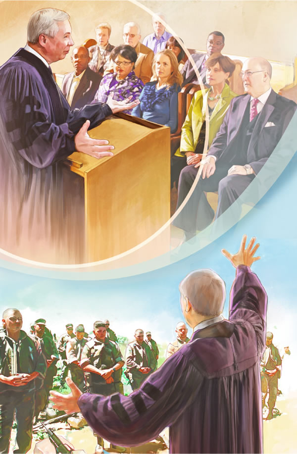 A religious leader speaking in church. Later he is blessing soldiers at war.