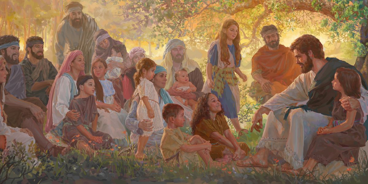 Jesus teaches adults and children