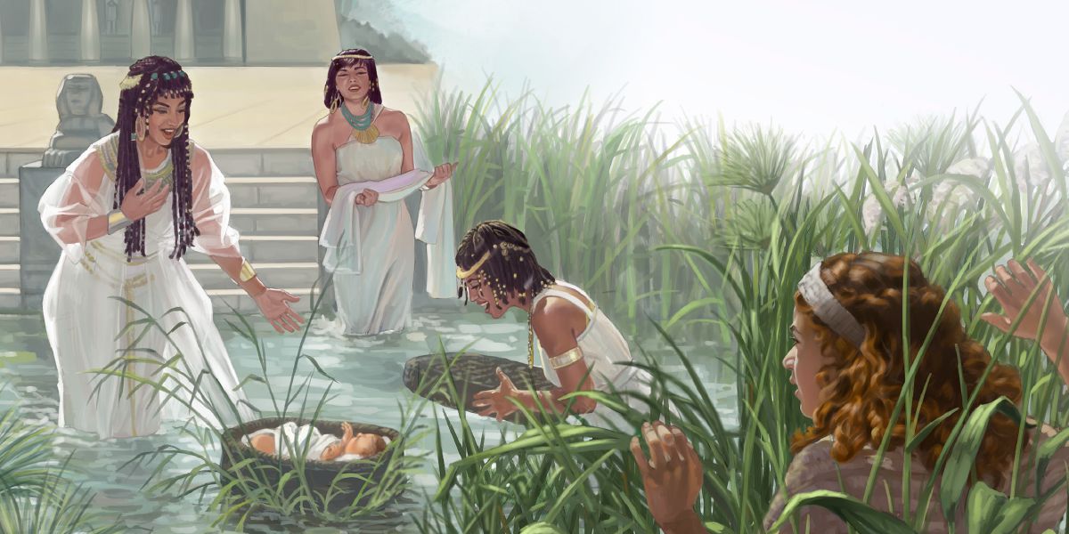 Baby Moses is found by Pharaoh’s daughter while Miriam watches nearby