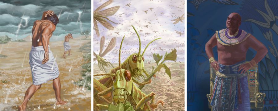 Egyptian plagues 7 through 9: hail, locusts, darkness
