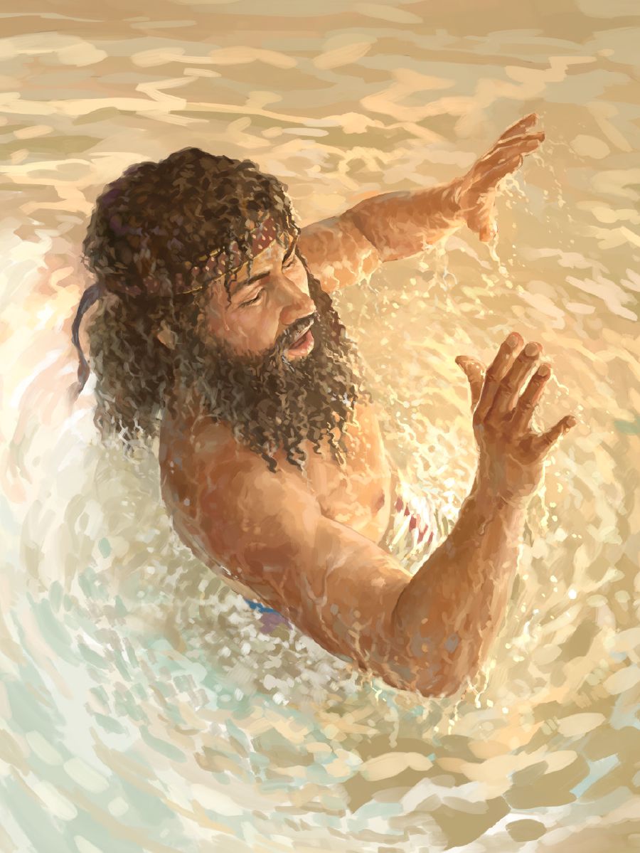 Naaman washes in the Jordan River and is cured
