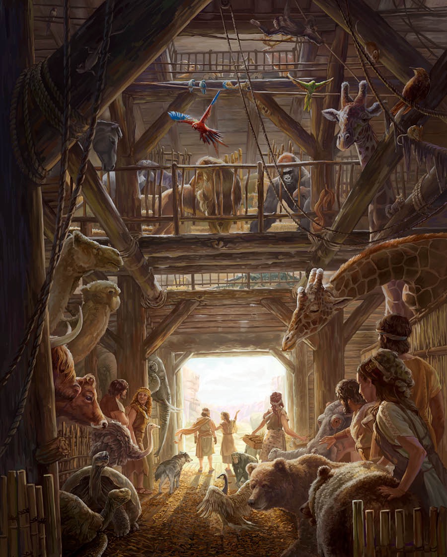 Noah, his family, and the animals go out of the ark