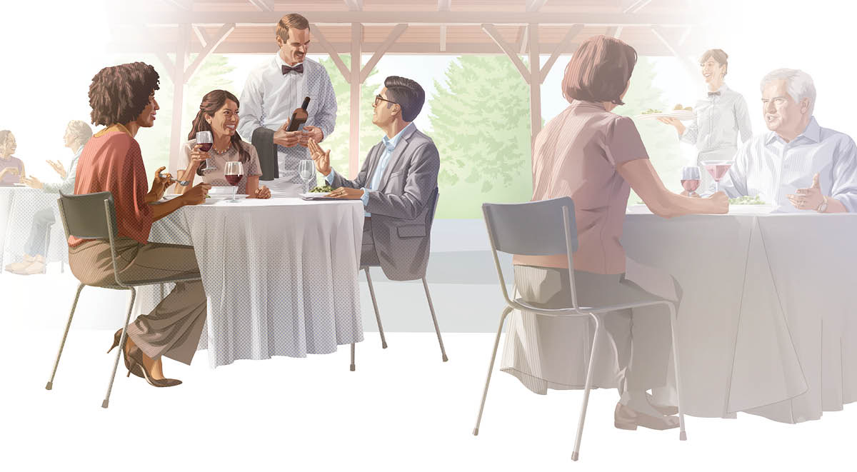 A brother refusing wine at a restaurant. The two sisters dining with him are drinking wine.
