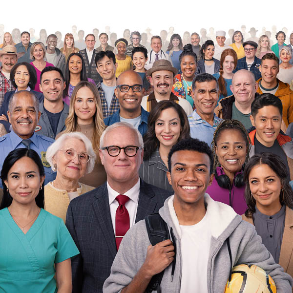 Men and women of different ages, races, and cultural backgrounds.