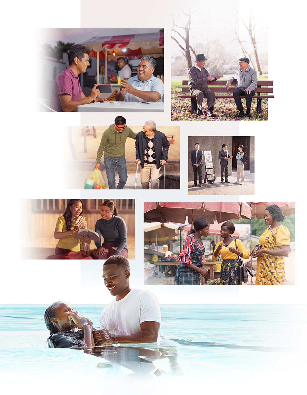 Collage: Jehovah’s Witnesses showing love and making disciples. 1. A sister converses with a woman on a bus. 2. An older brother speaks with a man on a park bench. 3. A younger brother carries groceries for an elderly man. 4. A brother at a literature cart witnesses to a young man. 5. A sister reads a scripture to a young woman. 6. A couple reads a scripture to a man in the door-to-door ministry. 7. A brother baptizes a new sister.