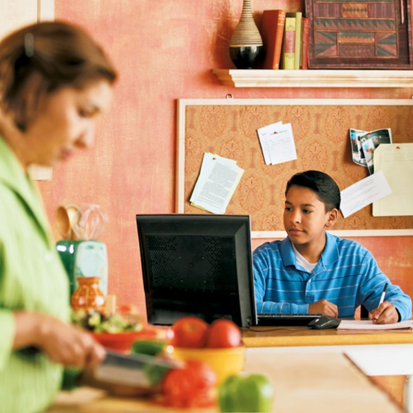 A young man using the Internet on a computer in a public area of his home