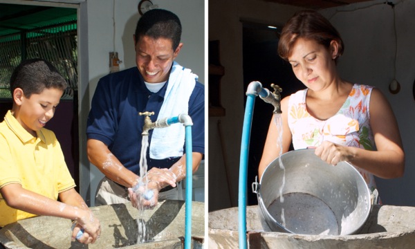 1. A father and his son washing their hands with soap; 2. A woman cleaning a cooking pot with soap